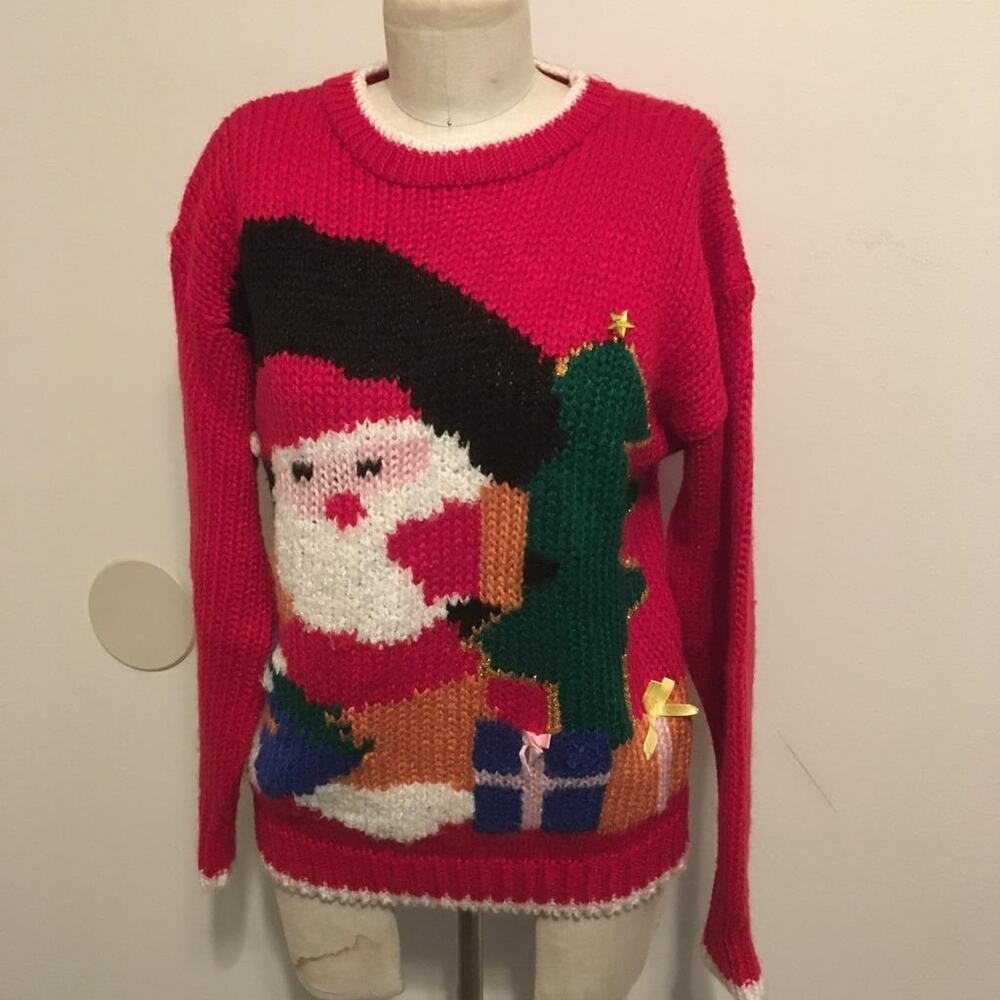 Evian II Vintage Ugly Christmas Santa Hand-knit Sweater M